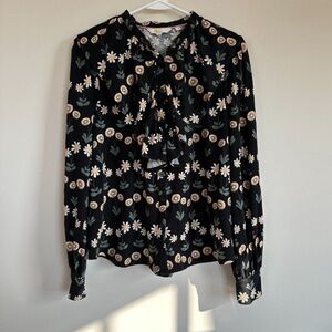 Boden Ruffle Front Jersey Shirt in Black Delicate Daisy size US 10 Petite